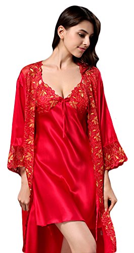 （ホンタ)HONTA　レディース秋新着　高品質100%シルクのやわらか素材加工レディースガウン　サスペンダーセクシーな刺繍ノースリーブショットネグリジェ　裏地とコート　優雅さとの無地ドレスパジャマ