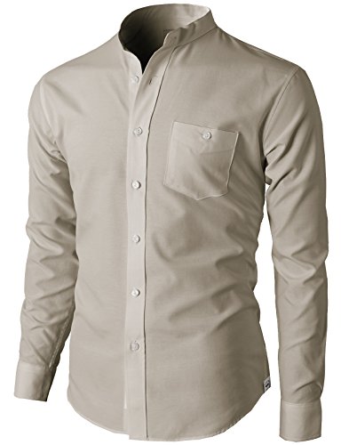 H2H Mens Casual Slim Fit Oxford Mandarin Collar Button-down Shirt With Pocket