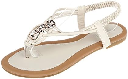 OrenMode Women's Casual Back Strap Flat Gladiator Sandals X4 Beige White 9.5 B(M) US