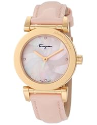 Salvatore Ferragamo Womens F50SBQ5027 S111 Salvatore Pink Genuine Patent Leather Mother-Of-Pearl Diamond Gold Plated Watch