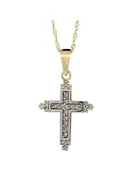 14k Gold Tiny Diamond Fleury Cross Necklace, 0.15 cttw 3/4 inch tall