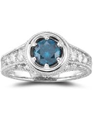 0.84 Cts Teal Blue Diamond & 0.42 Cts VS Diamond Ring in 18K White Gold