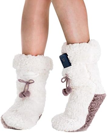 Fluffy Fleece Cream Taupe Womens Slipper Socks Phone Pocket and Pom Poms
