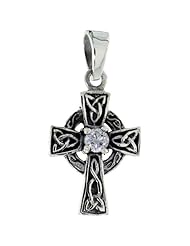 Sterling Silver Small Trinity Celtic Cross Pendant Clear CZ, 18 inch starter chain included