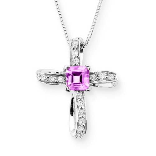 Pink Tourmaline Cross Pendant with Chain 10K White Gold 1/10 ct. Diamond