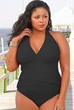 Beach BelleĀ® Plus Size Solid Black Halter Mailliot - Women's Swimwear Plus Size Swimsuit
