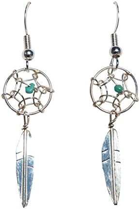 Small Handcrafted Navajo Jewelry St. Silver Dreamcatcher Feather Earrings w/ Turquoise Bead