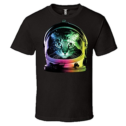 Space Cat Rainbow Astronaut Helmet Graphic T-Shirt Mens Short Sleeve Tee Black 2X-LARGE