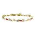 18K Gold over Sterling Silver Genuine Ruby and Diamond Accent Heart Link Bracelet