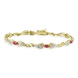 18K Gold over Sterling Silver Genuine Ruby and Diamond Accent Heart Link Bracelet