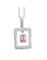 Twin Rectangular Shaped Diamond Pendant In 18K White Gold With A 0.65 ct. Genuine Pink Tourmaline Center Stone.