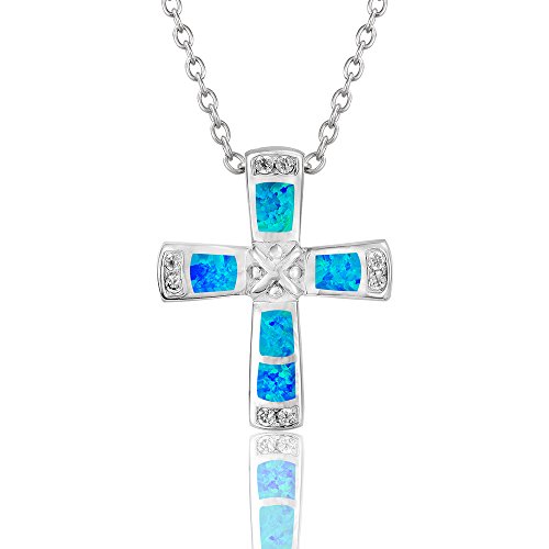 Dormith 925 Sterling Silver Pendant Necklace Blue Fire Opal Cross Pendant and Necklace Silver Chains Length Can Be Adjustable up to 18 Inches