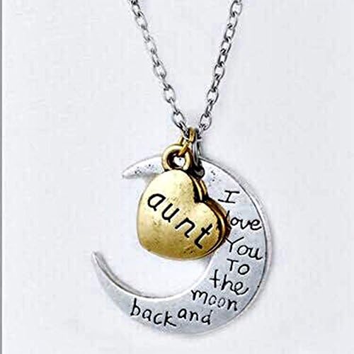 Gift for Aunt - Two Toned Half Moon and Heart "Aunt I Love You to the Moon and Back" Pendant Necklace, 18"
