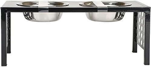 Chelsea Pets Modern Grid Double Pet Feeder, Medium/17.3 x 7.9 x 6.9", Black