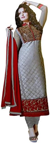 Bollywood Style Grey Salwar Kameez Georgette Unstitched Suit Embroidered Dress