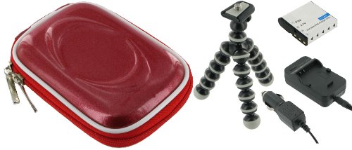 4n1 Hard Shell Case (Candy Red) / EN-EL10 AC DC Charger / Battery / Tripod for Nikon Coolpix S230 Digital Camera Warm Silver