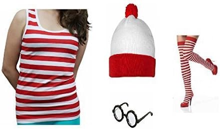 Womens Size 12 UK Wheres Wally 4 Piece Set Vest Hat Glasses Socks Fancy Dress Costume (RBFashionsClothing) by RB FASHIONS