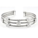 Choice of Stainless Steel Grey, Black or Yellow Cable w/ Sterling Silver Oval & Circle Pave Design Bangle Cuff Bracelet (0.05 cttw, I color, I2 clarity)