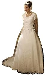 Modest Short Sleeves Satin Basque   Waistline Wedding Dress  with a Chapel Train 