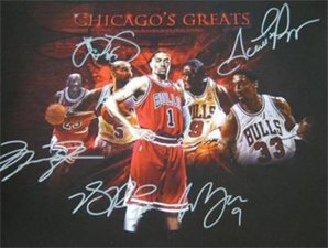 Signed Chicago Bulls Legends 11x14 Photo (Jordan, Pippen, Rose) 11 x 14 Photo by: Michael Jordan, Scottie Pippen, Derek Rose, Carlos Boozer and Luol Deng