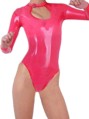AvaCostume Womens Pink Latex Rubber Keyhole Long Sleeves Bodysuit Leotard