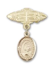 14K Gold Baby Badge with St. John Baptist de la Salle Charm and Badge Pin with Cross