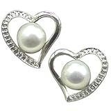 Cursive Heart Shaped White Cultured Pearl Platinum Overlay CAREFREE Sterling Silver Stud Earrings