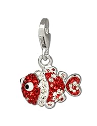 SilberDream Glitter Charm Clown fish with red and white Czech crystals 925 Sterling Silver Charms Pendant with Lobster Clasp for Charms Bracelet, Necklace or Earring GSC518R
