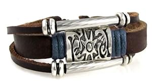 Sun Medallion & Blue Accented Leather Zen Bracelet Beads, Fits 6 to 9 Inch Wrists for Men, Women, Teen, Boys and Girls in Gift Box