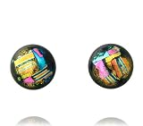 Sterling Silver Dichroic Glass Pink Pattern on Black Stud Earrings