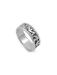 Sterling Silver Womans Moon Stars Night Ring Classic Comfort Fit 925 Band 8mm