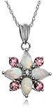 10k White Gold Lab-Created Opal and Pink Tourmaline Flower Pendant w/ Diamond Accent