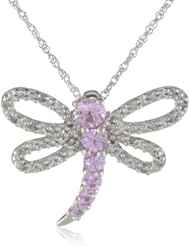 XPY 10k White-Gold Dragonfly Pink Sapphire and Diamond Pendant Necklace (0.09 cttw, I-J Color, I3 Clarity), 18"