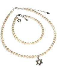 Sterling Silver Star of David Freshwater Pearl Childs Bracelet and Necklace Set in Heart Gift Box (8-14 years) Perfect for Bat Mizvah Gift for Girl