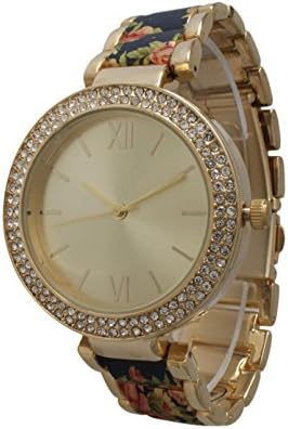 Olivia Pratt Women's Elegant Floral Gold-Toned Metal Watch - Navy