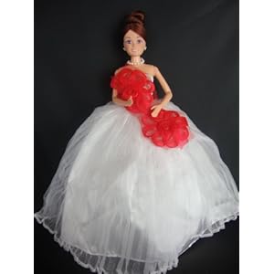 A White Strapless Ball Gown with Large Red Flowers Made to Fit the Barbie Doll A White Strapless Ball Gown with Large Red Flowers Made to Fit the Barbie Doll
