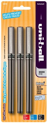 uni-ball Deluxe Micro Point Roller Ball Pens, 3 Colored Ink Pens