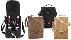 Insulated Wine Double Bottle Carrier Tote with Opener & Stopper - Camel Suede