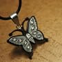 Black Butterfly with Cz Diamond Pendant on a Stainless Steel on Leather Cord - Gift Boxed J1181