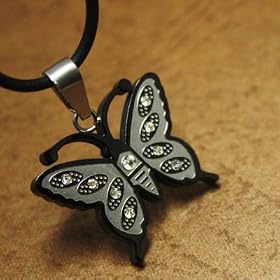 Black Butterfly with Cz Diamond Pendant on a Stainless Steel on Leather Cord - Gift Boxed J1181