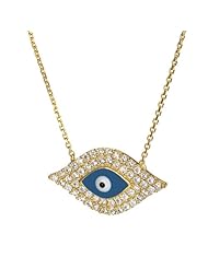 Gold Vermeil Sterling Silver Blue Evil Eye Clear CZ Pave Charm Chain Necklace 16"