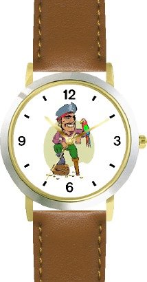 Pirate with Peg Leg Holding Parrot - Pirate Theme - WATCHBUDDY® DELUXE TWO-TONE THEME WATCH - Arabic Numbers - Brown Leather Strap-Size-Large ( Men