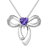 XPY Sterling Silver Heart Amethyst and Diamond in Bow Pendant Necklace, 18