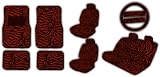 New Premium Grade 15 Pieces RED Zebra Print Low Back Front Car Seat Cover Rear Bench Cover with Head Rest Covers and 4 Pieces Floor Mats Set