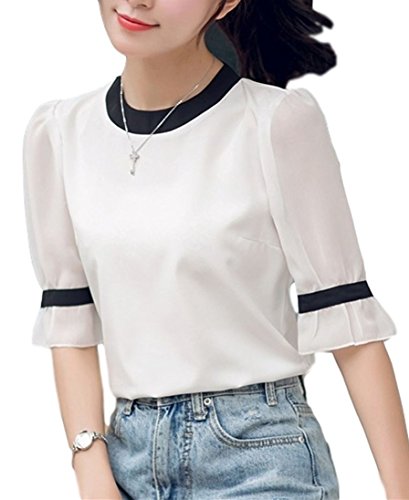 (フムフム) fumu fumu 2016 ブラウス レディース オフィス 夏 ホワイト 五分袖 ( ブラックライン 襟 そで ) 白 パフスリーブ エレガント オフィス服 シャツ カットソー ホワイト S M L XL XXL サイズ (1. ホワイト S)