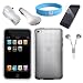 Clear Silicone Skin Case for Apple Ipod Touch 4th Generation + Clear Screen Protector + USB Car Charger + USB Wall Charger + White Handsfree + Wristband