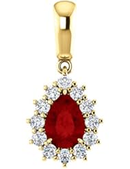 14K Yellow Gold 7.00x5.00mm Pear Cut Chatham Created Ruby and Diamond Pendant -- LIFETIME WARRANTY