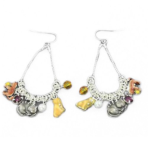 Silvertone Cat Charm Dangle Earrings Fashion Jewelry