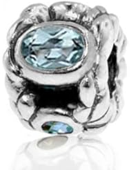 Sterling Silver Elegant Design Charm with Aquamarine Blue Topaz Gemstone , Fits Pandora and All Brands Charm Bracelets and Necklaces.