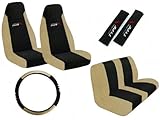 A Set of 7 Piece Universal Fit Mesh Fabric Racing Sport Type X Seat Covers for High Back Bucket Seat and Standard Bench Seat - Tan